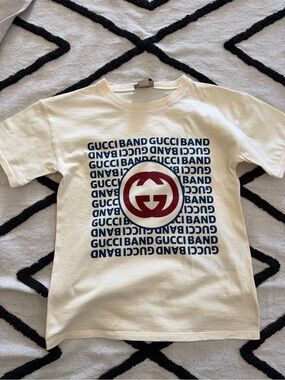 Gucci Cream Tee with Navy Logo Repeat and Red Emblem